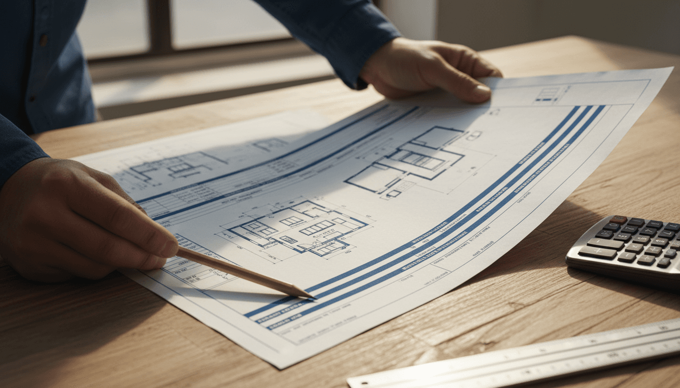 Construction takeoff blueprints and estimating documents on desk
