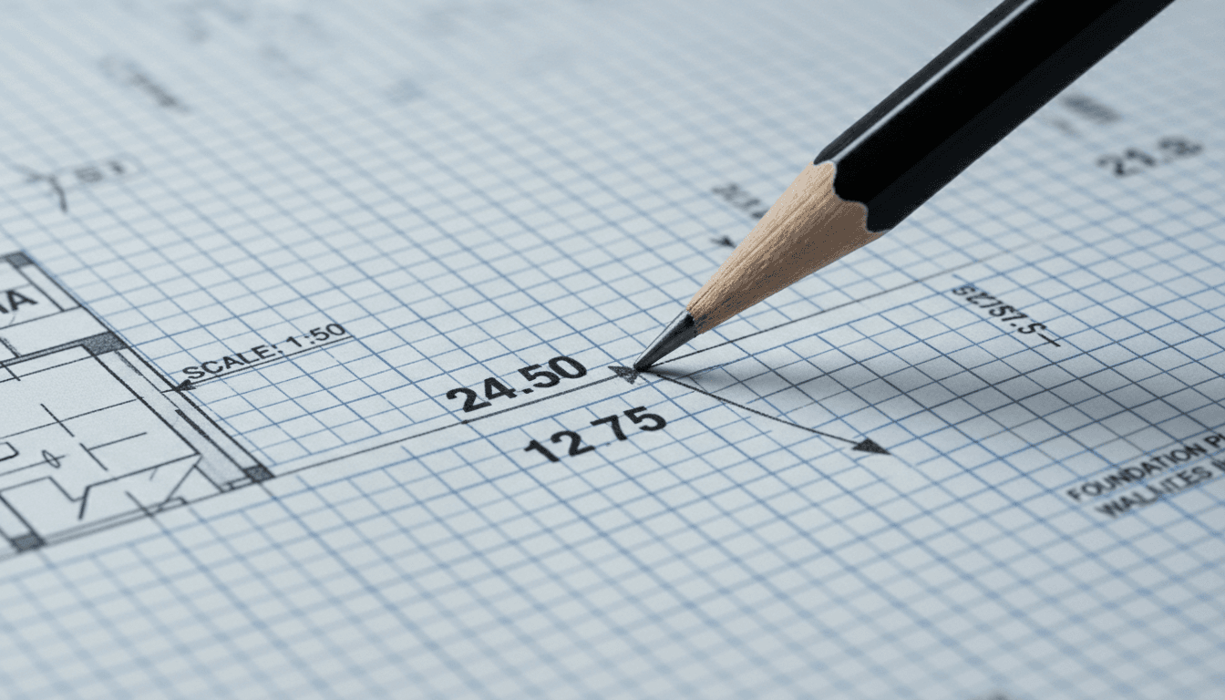 Detailed measurement marking on construction blueprint with pencil