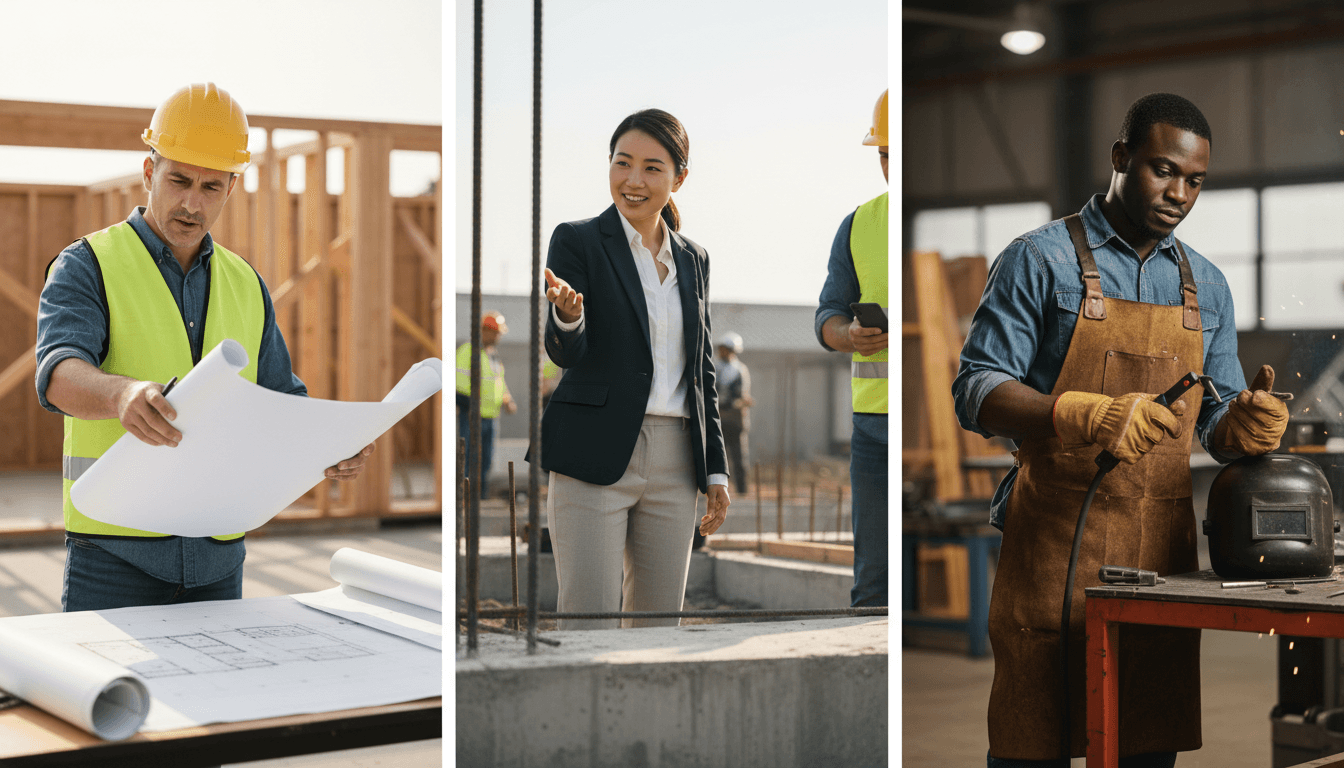 General contractor, property owner, and tradesperson collaborating on construction project