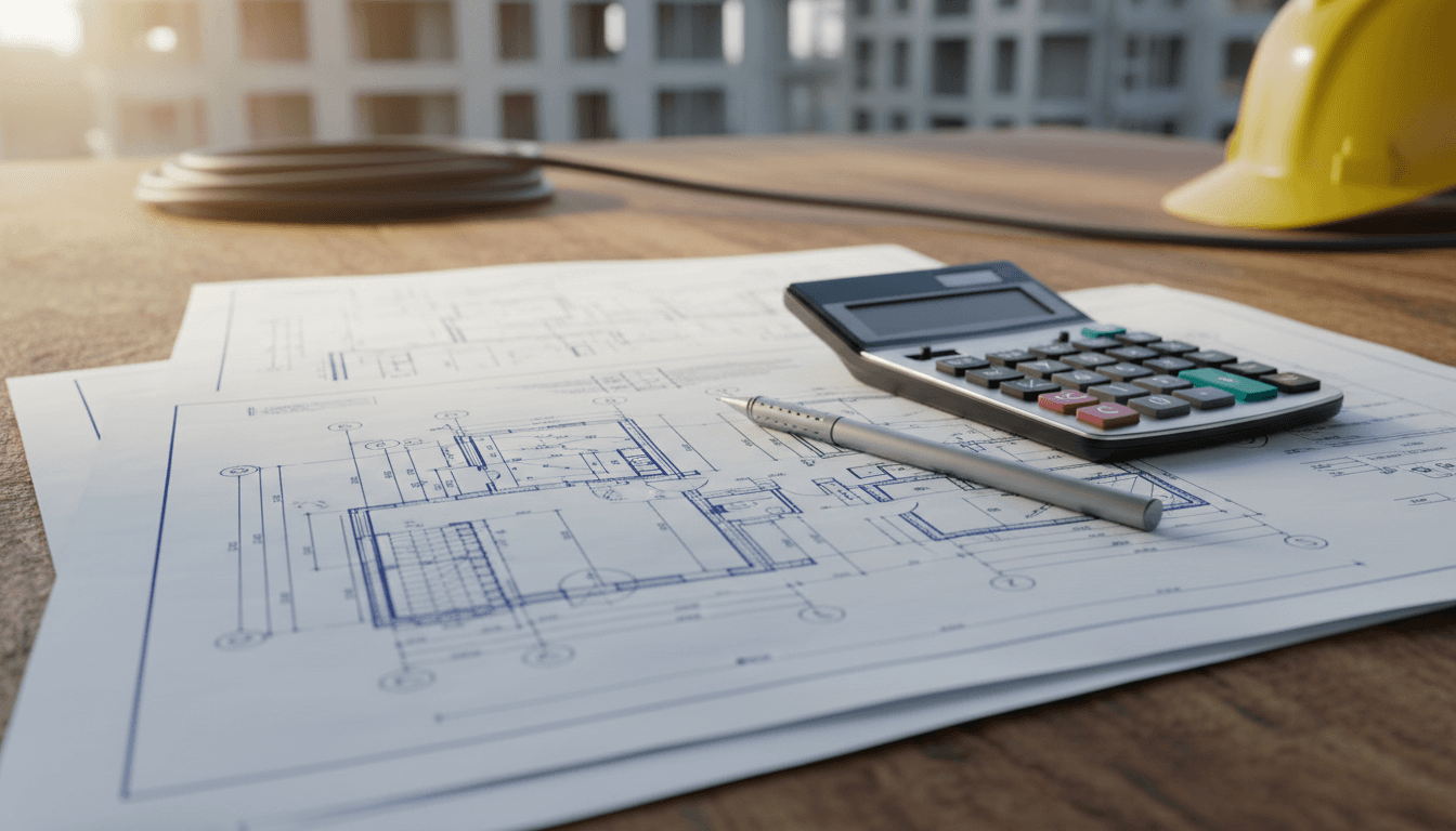 Construction blueprints and takeoff materials on work table