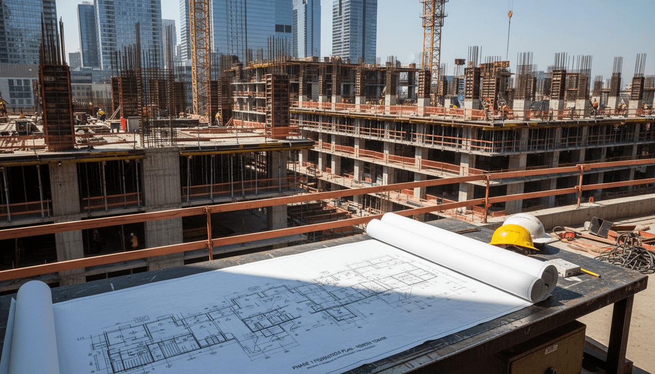 Multi-phase construction project from blueprints to completion