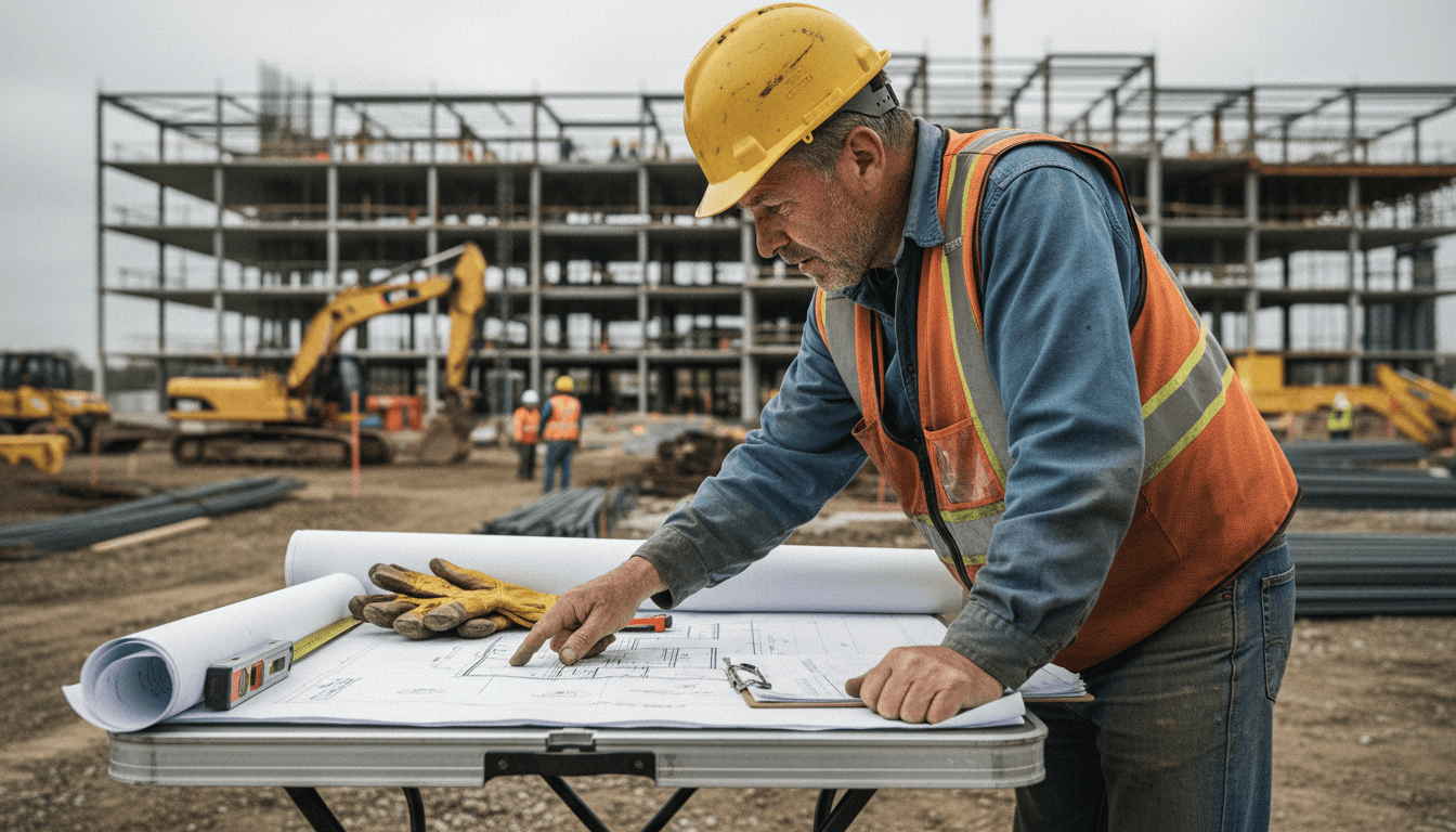 Experienced construction supervisor reviewing blueprints at job site table wearing safety vest and hard hat