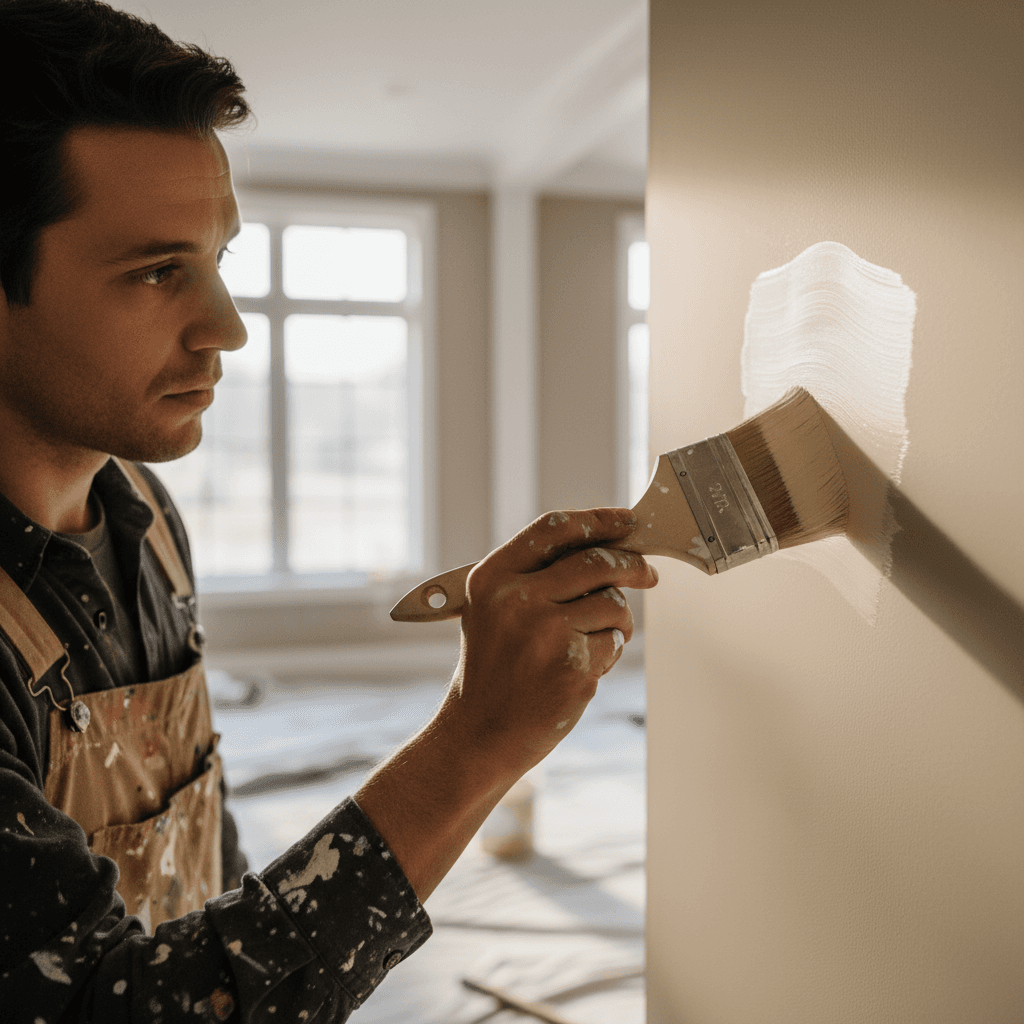 Painter's hands carefully applying fresh paint to interior wall with precision brush technique and natural lighting
