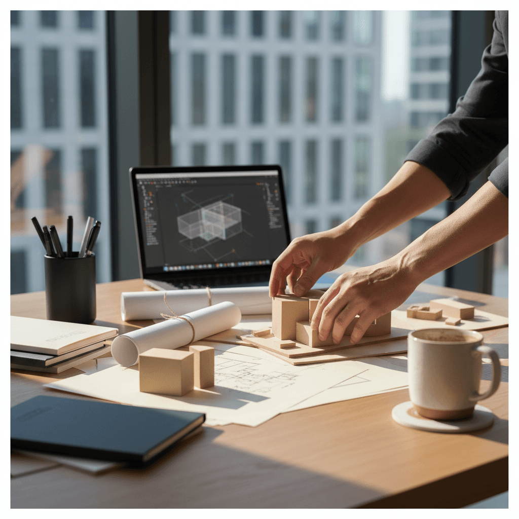 Construction blueprint and estimation materials on desk with calculator