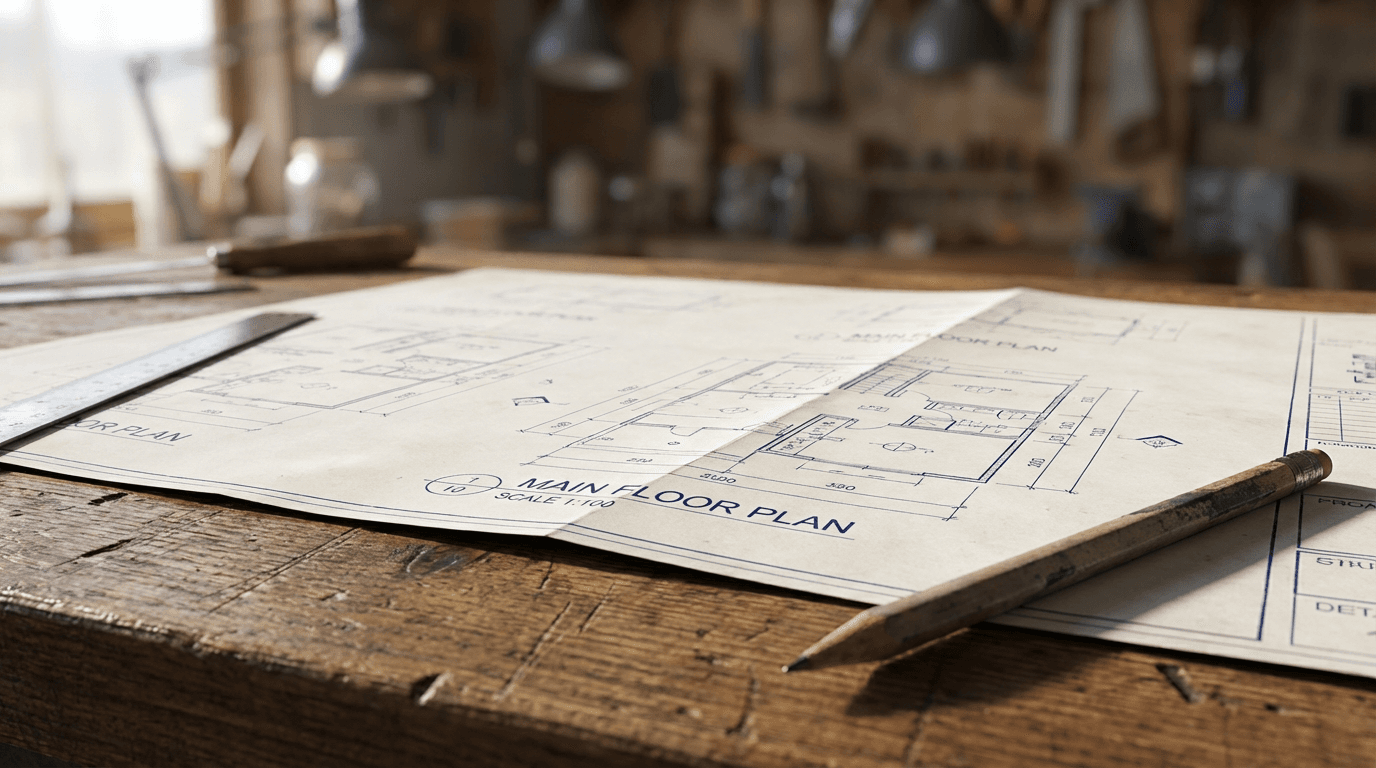 Close-up of construction professional measuring blueprints with a scale ruler