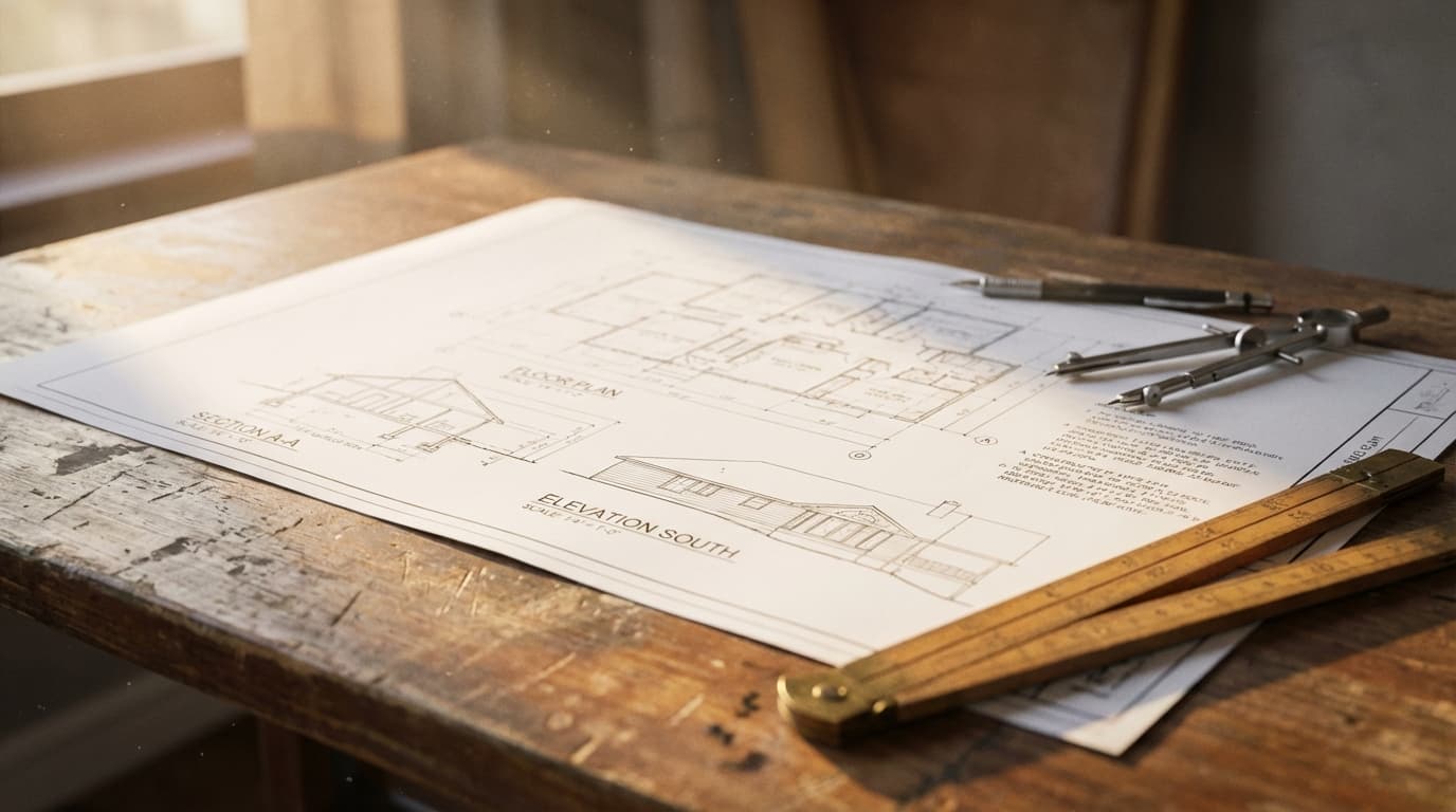 Detail of marking measurements on construction blueprint